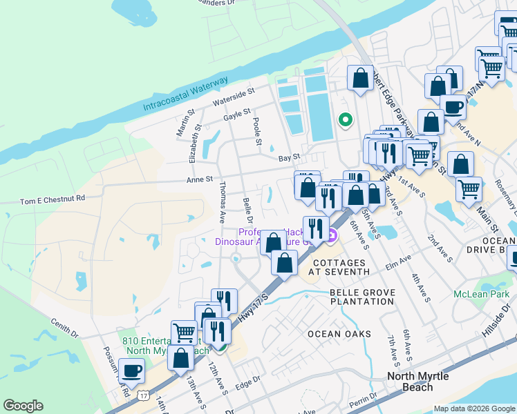map of restaurants, bars, coffee shops, grocery stores, and more near 1003 Charles Street in North Myrtle Beach