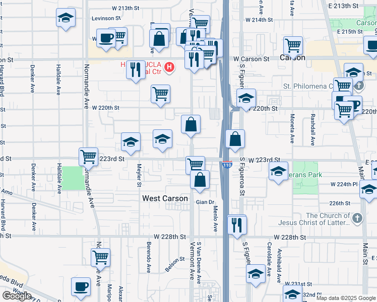 map of restaurants, bars, coffee shops, grocery stores, and more near 22221 Vermont Avenue in Torrance