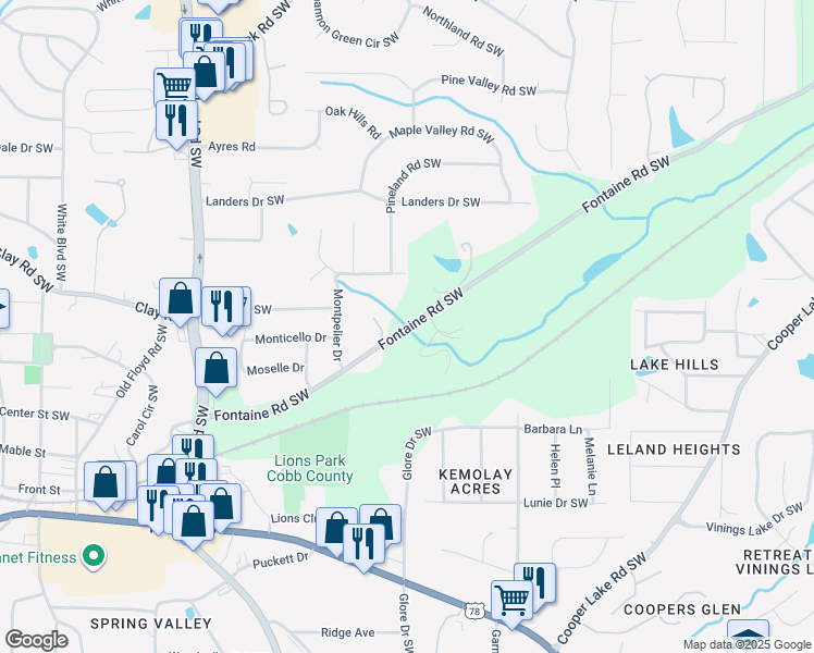 map of restaurants, bars, coffee shops, grocery stores, and more near 776 Fontaine Road in Mableton