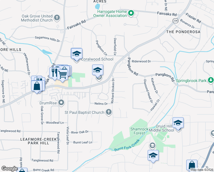 map of restaurants, bars, coffee shops, grocery stores, and more near 1506 Oakridge Court in Decatur