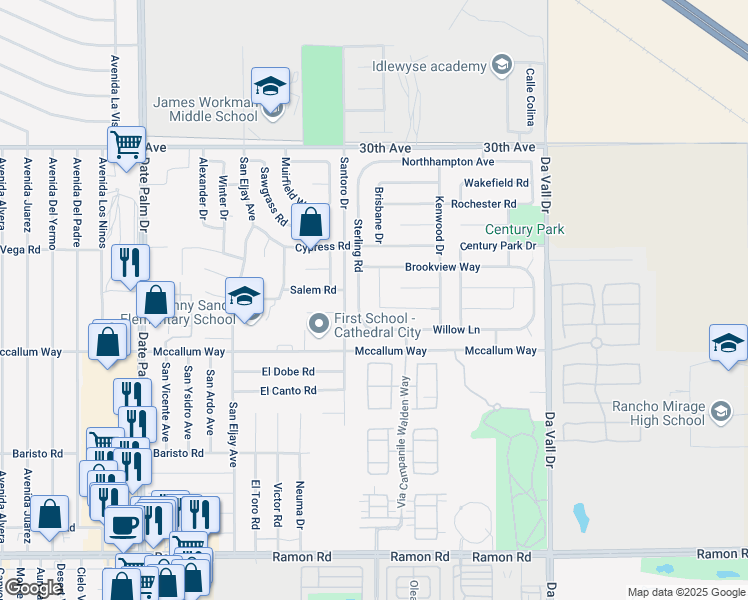 map of restaurants, bars, coffee shops, grocery stores, and more near 30749 Brighton Way in Cathedral City