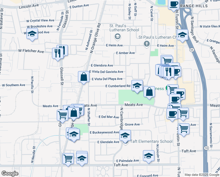 map of restaurants, bars, coffee shops, grocery stores, and more near 738 East Cumberland Road in Orange