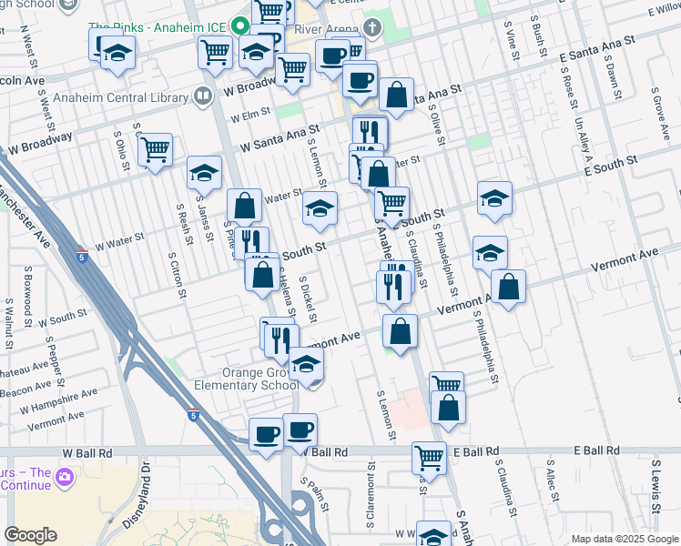 map of restaurants, bars, coffee shops, grocery stores, and more near 833 South Lemon Street in Anaheim