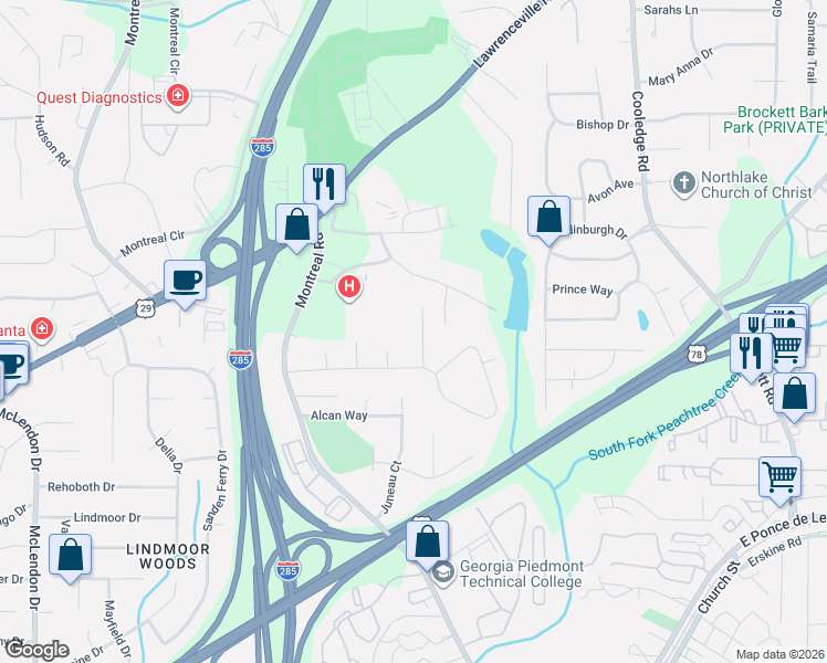 map of restaurants, bars, coffee shops, grocery stores, and more near 1508 Vancouver Drive in Tucker