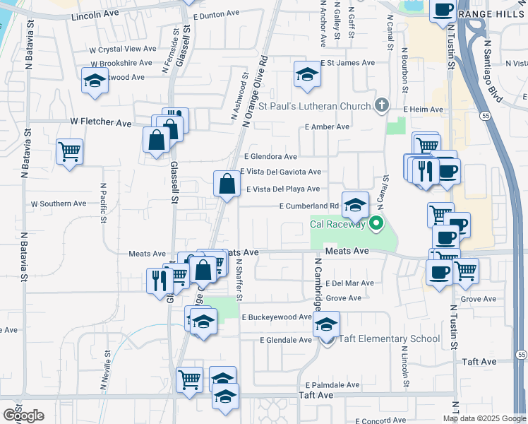 map of restaurants, bars, coffee shops, grocery stores, and more near 616 East Cumberland Road in Orange