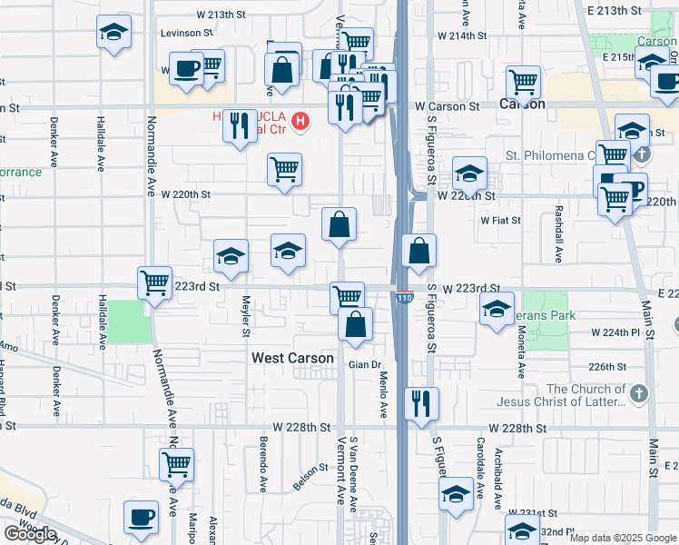 map of restaurants, bars, coffee shops, grocery stores, and more near 22221 Vermont Avenue in Torrance