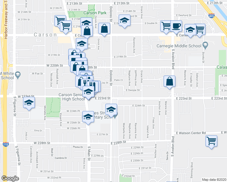 map of restaurants, bars, coffee shops, grocery stores, and more near 22212 Dolores Street in Carson