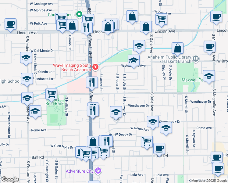 map of restaurants, bars, coffee shops, grocery stores, and more near 2929 West Orange Avenue in Anaheim