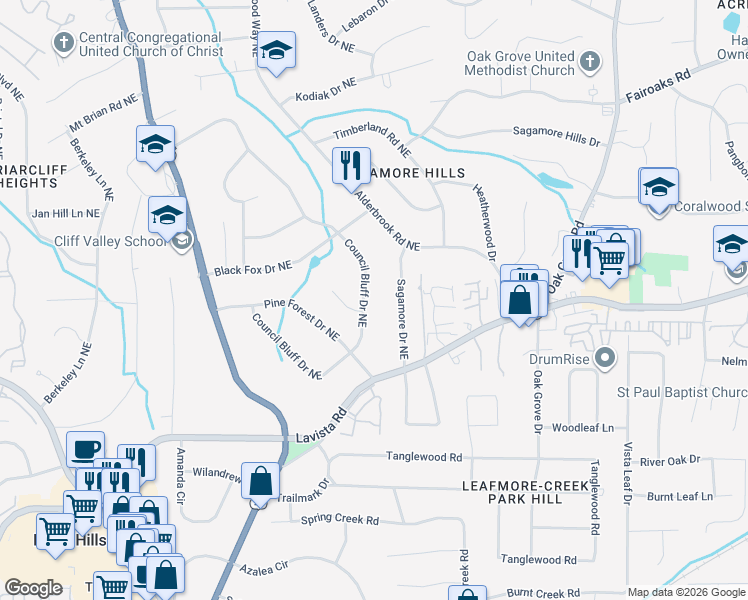 map of restaurants, bars, coffee shops, grocery stores, and more near 1511 Council Bluff Drive Northeast in Atlanta