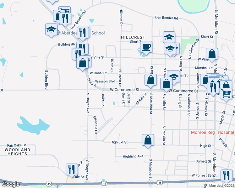 map of restaurants, bars, coffee shops, grocery stores, and more near 903 West Commerce Street in Aberdeen