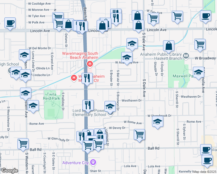 map of restaurants, bars, coffee shops, grocery stores, and more near 2929 West Orange Avenue in Anaheim