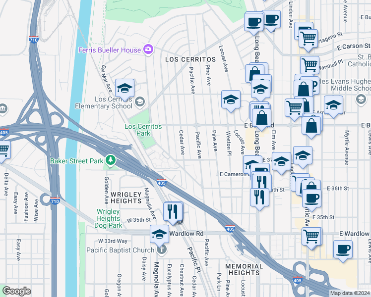 map of restaurants, bars, coffee shops, grocery stores, and more near 3722 Cedar Avenue in Long Beach