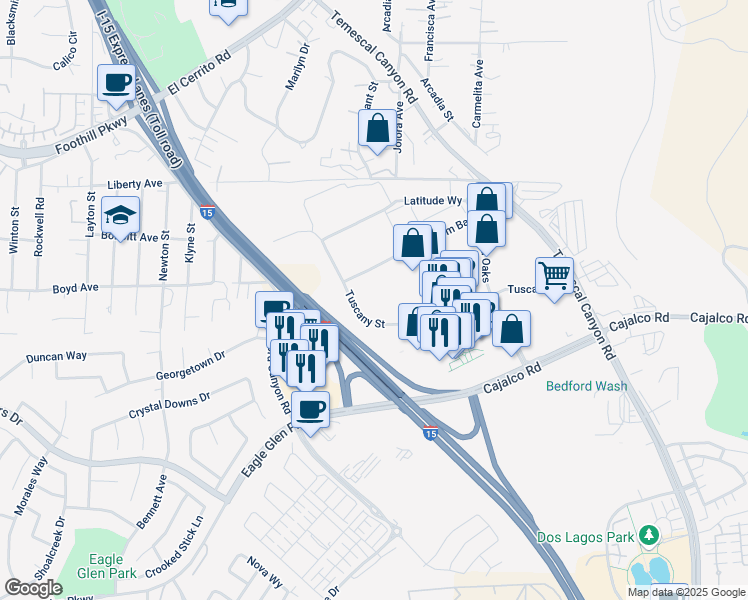 map of restaurants, bars, coffee shops, grocery stores, and more near 2437 Tuscany Street in Corona