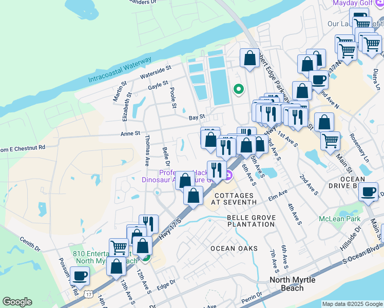 map of restaurants, bars, coffee shops, grocery stores, and more near 727 Ashland Avenue in North Myrtle Beach