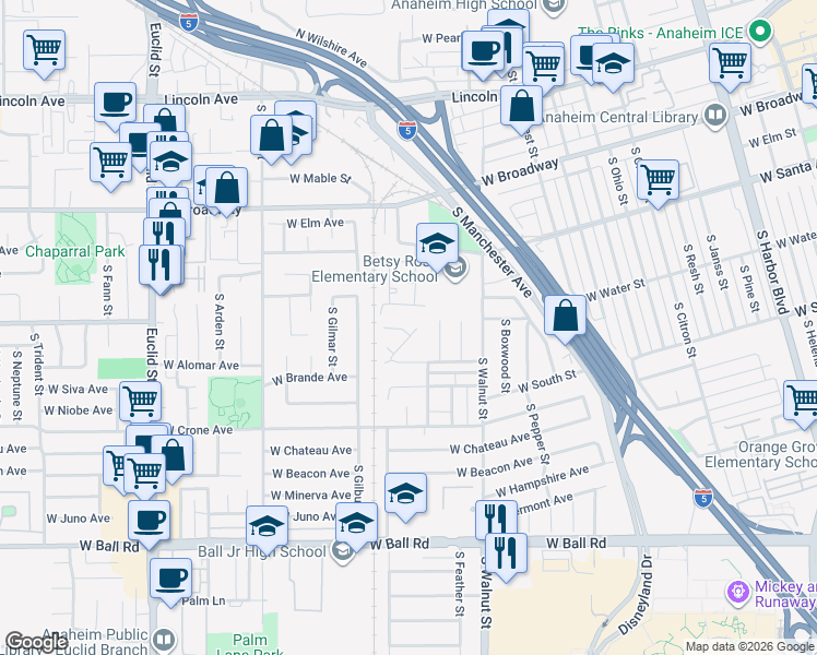 map of restaurants, bars, coffee shops, grocery stores, and more near 609 South Kiama Street in Anaheim