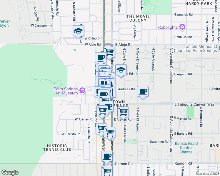 map of restaurants, bars, coffee shops, grocery stores, and more near 201 Indian Canyon Drive in Palm Springs