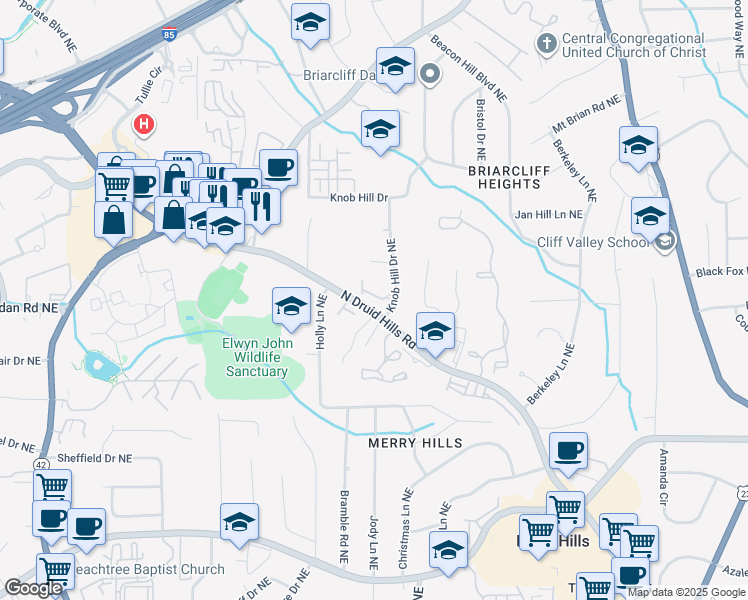 map of restaurants, bars, coffee shops, grocery stores, and more near 1661 Emory Place Drive Northeast in Atlanta