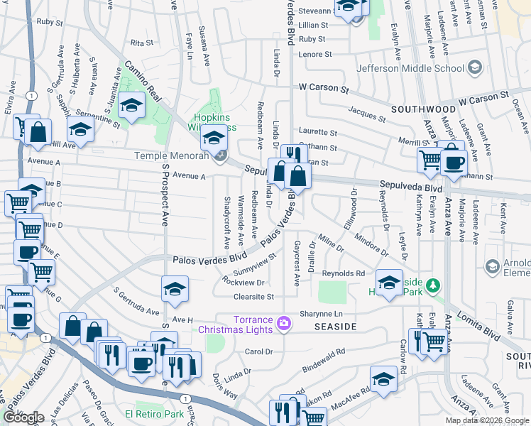 map of restaurants, bars, coffee shops, grocery stores, and more near 22415 Linda Drive in Torrance