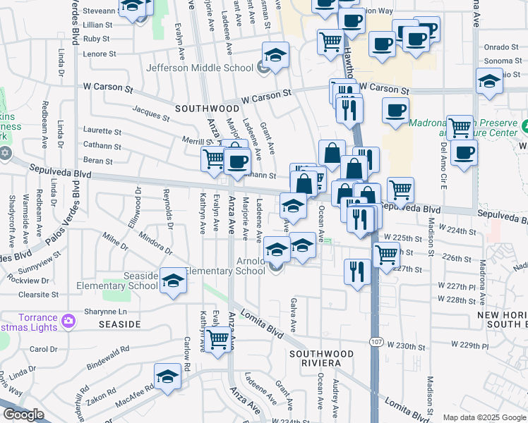 map of restaurants, bars, coffee shops, grocery stores, and more near 22406 Ladeene Avenue in Torrance