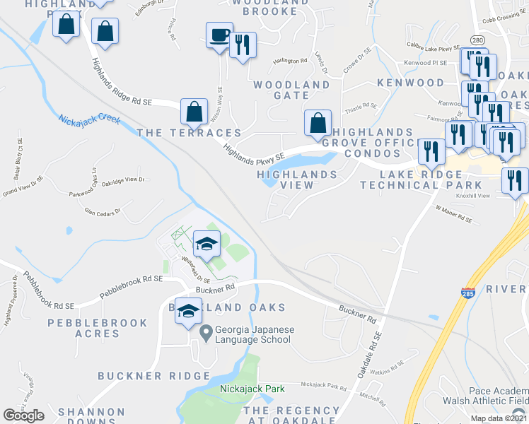 map of restaurants, bars, coffee shops, grocery stores, and more near 1705 Highlands View Drive in Smyrna