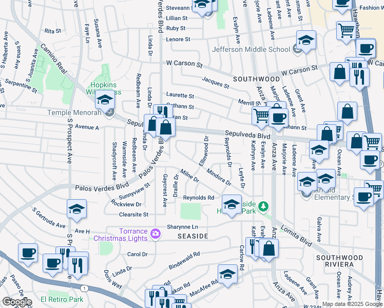 map of restaurants, bars, coffee shops, grocery stores, and more near 22410 Charlotte Drive in Torrance
