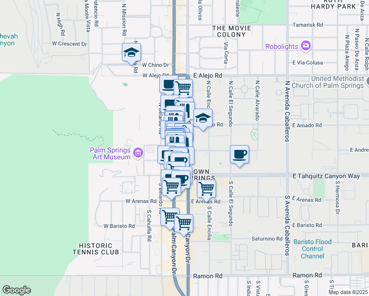 map of restaurants, bars, coffee shops, grocery stores, and more near 182 East Andreas Road in Palm Springs
