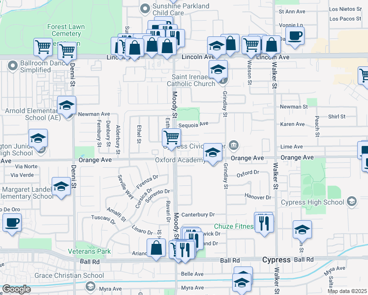 map of restaurants, bars, coffee shops, grocery stores, and more near in Cypress