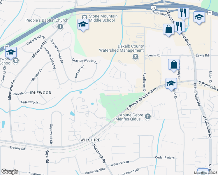 map of restaurants, bars, coffee shops, grocery stores, and more near 1509 River Oak Lane in Stone Mountain