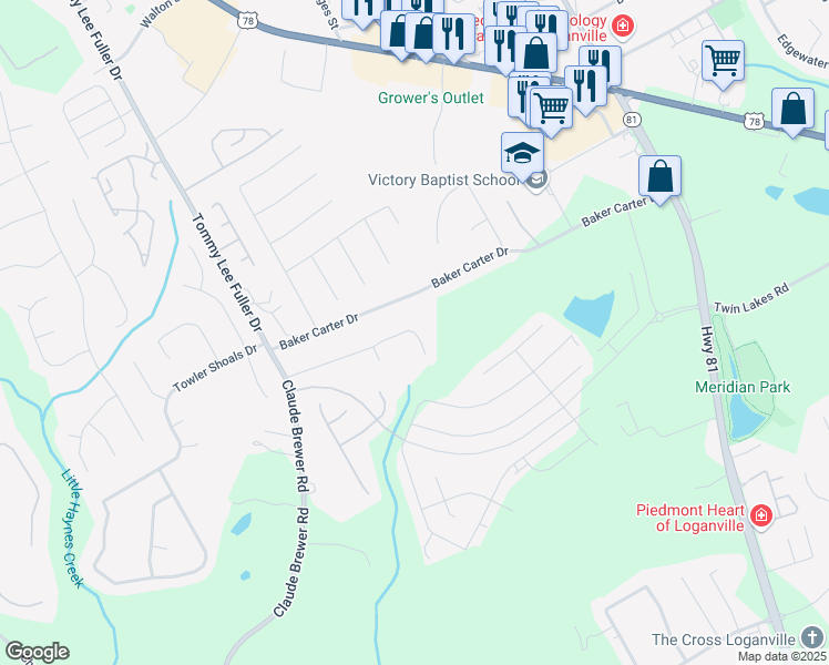 map of restaurants, bars, coffee shops, grocery stores, and more near 134 Jacobs Lane in Loganville