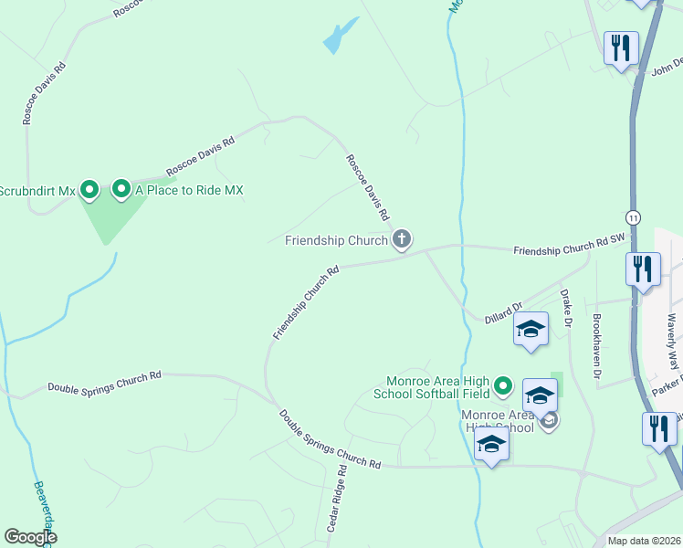 map of restaurants, bars, coffee shops, grocery stores, and more near 429 Friendship Church Road in Monroe