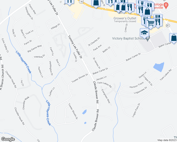 map of restaurants, bars, coffee shops, grocery stores, and more near 292 Tommy Lee Fuller Road in Loganville