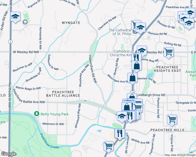 map of restaurants, bars, coffee shops, grocery stores, and more near 2585 Habersham Rd NW in Atlanta