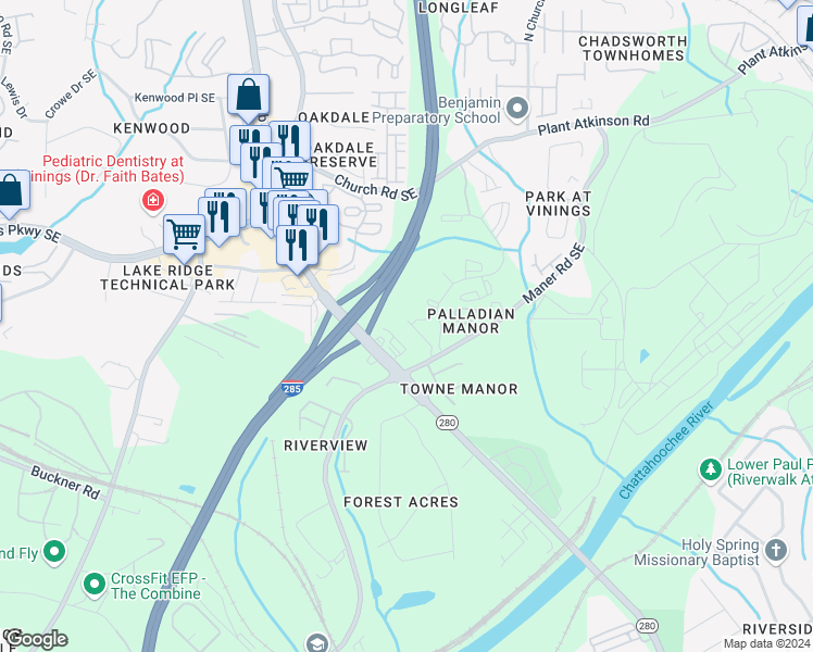 map of restaurants, bars, coffee shops, grocery stores, and more near 5254 Kershaw Court Southeast in Atlanta