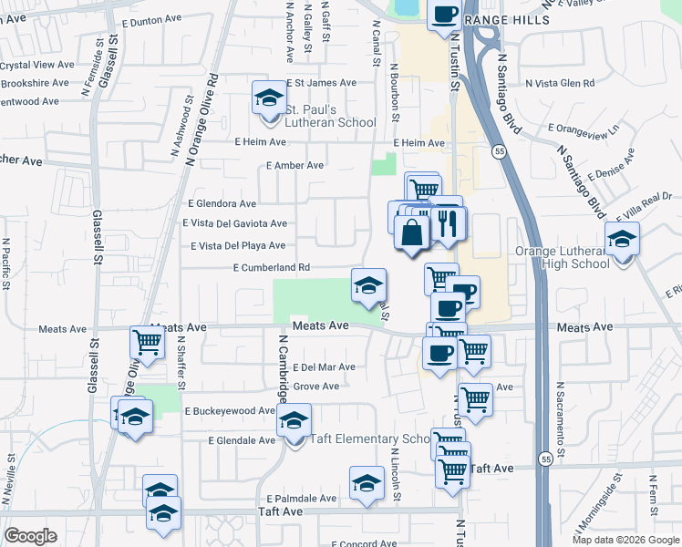 map of restaurants, bars, coffee shops, grocery stores, and more near 1142 East Cumberland Road in Orange
