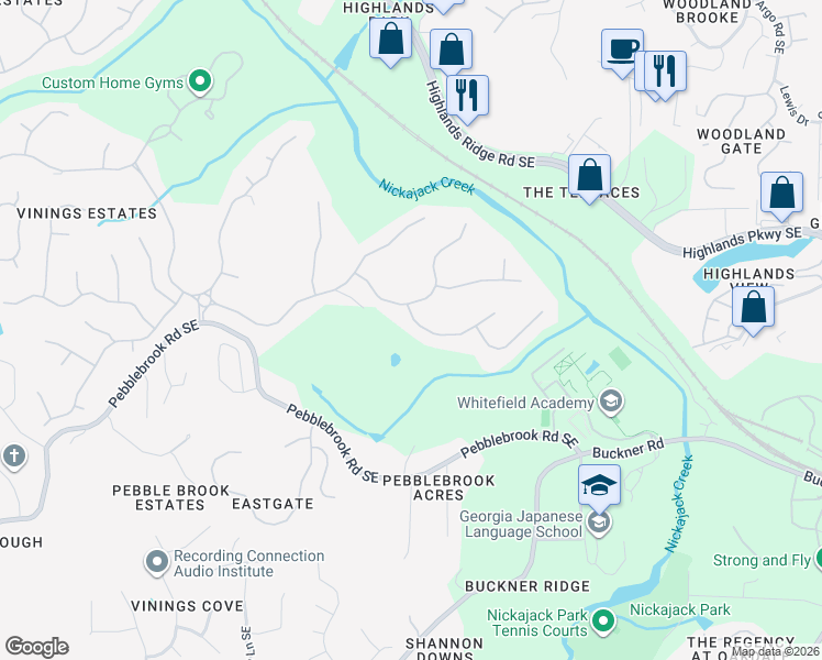 map of restaurants, bars, coffee shops, grocery stores, and more near 1304 Glen Cedars Drive in Mableton