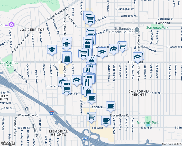 map of restaurants, bars, coffee shops, grocery stores, and more near 3726 Atlantic Avenue in Long Beach