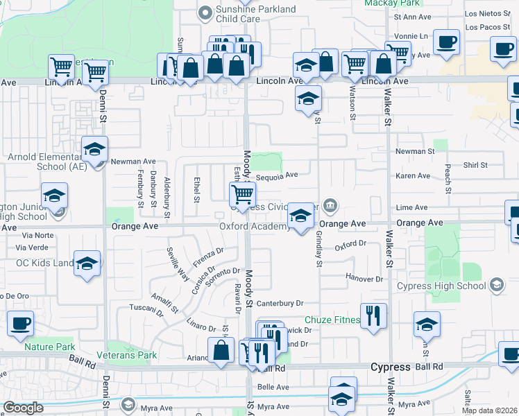 map of restaurants, bars, coffee shops, grocery stores, and more near 6007 Clementine Lane in Cypress