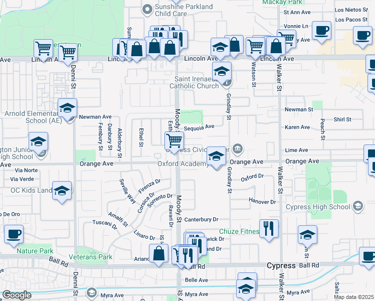 map of restaurants, bars, coffee shops, grocery stores, and more near 6011 Clementine Lane in Cypress