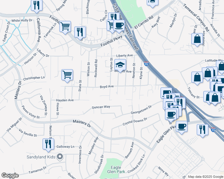 map of restaurants, bars, coffee shops, grocery stores, and more near 20281 Layton Street in Corona
