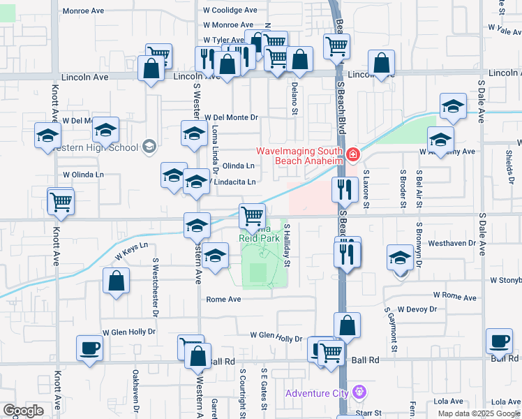 map of restaurants, bars, coffee shops, grocery stores, and more near 3111 West Orange Avenue in Anaheim