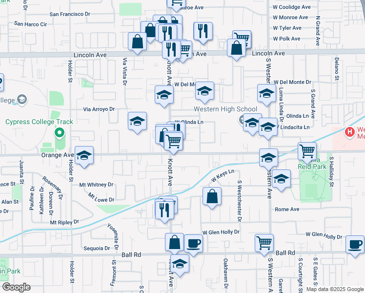 map of restaurants, bars, coffee shops, grocery stores, and more near 3433 West Orange Avenue in Anaheim