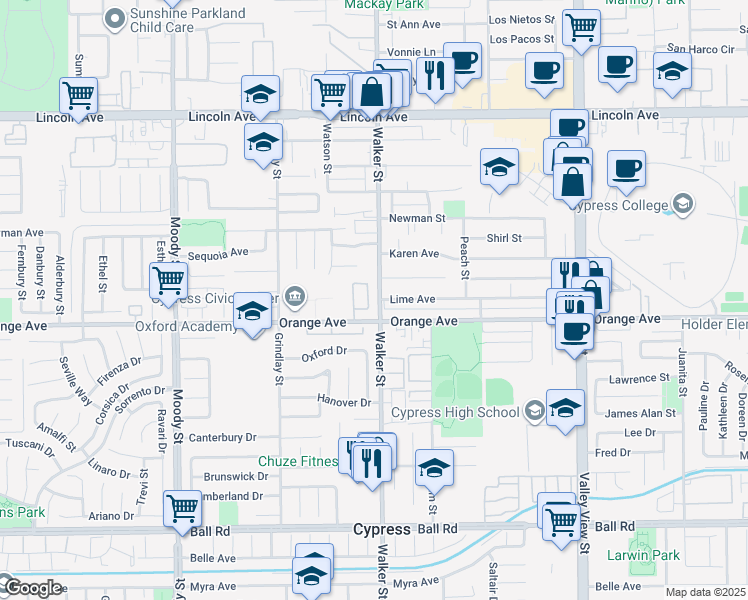 map of restaurants, bars, coffee shops, grocery stores, and more near 5502 Lime Avenue in Cypress