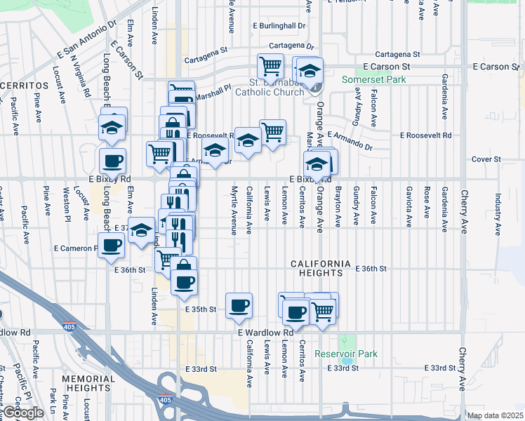map of restaurants, bars, coffee shops, grocery stores, and more near 3722 California Avenue in Long Beach