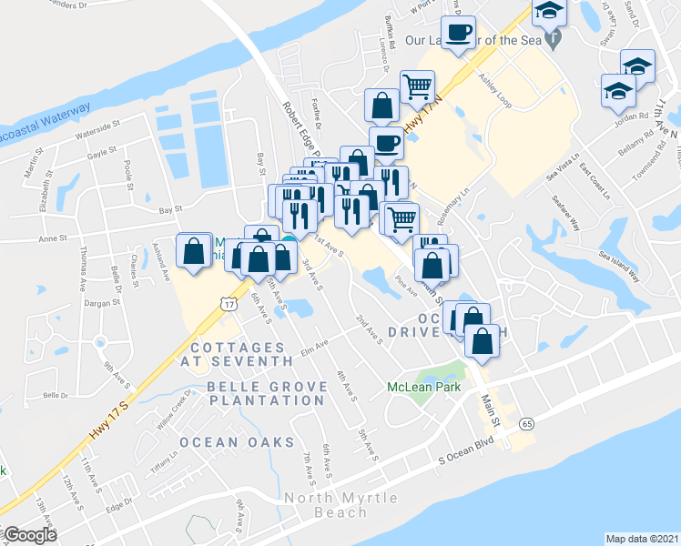 map of restaurants, bars, coffee shops, grocery stores, and more near 700 1st Avenue South in North Myrtle Beach