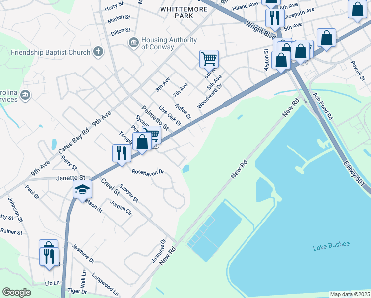 map of restaurants, bars, coffee shops, grocery stores, and more near 328 Edgewood Circle in Conway