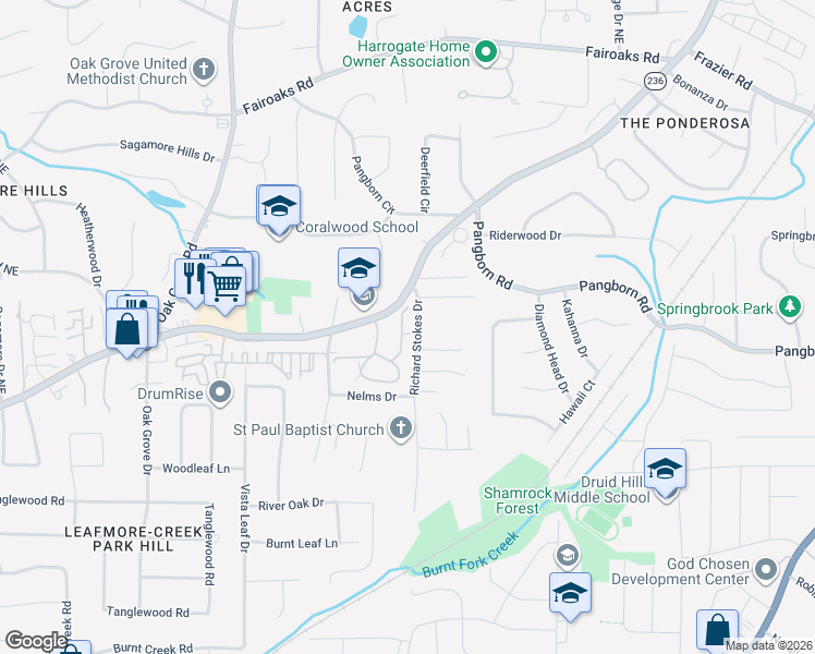 map of restaurants, bars, coffee shops, grocery stores, and more near 1506 Oakridge Court in Decatur