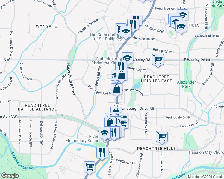 map of restaurants, bars, coffee shops, grocery stores, and more near 21 Muscogee Avenue Northwest in Atlanta