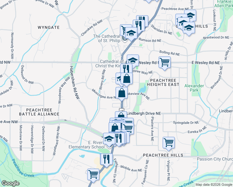 map of restaurants, bars, coffee shops, grocery stores, and more near 21 Muscogee Avenue Northwest in Atlanta
