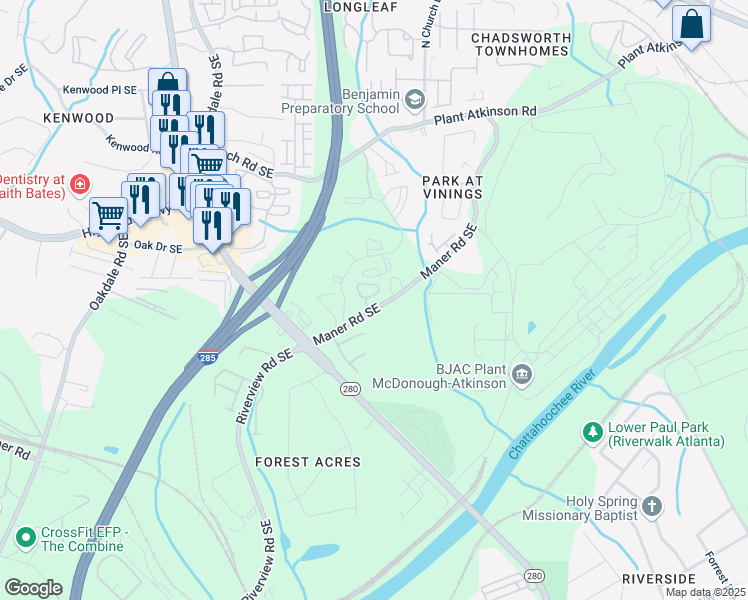 map of restaurants, bars, coffee shops, grocery stores, and more near 2481 Palladian Manor Way Southeast in Smyrna