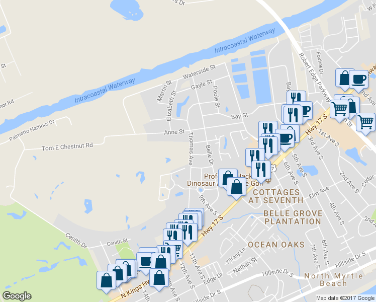 map of restaurants, bars, coffee shops, grocery stores, and more near 1021 Thomas Avenue in North Myrtle Beach